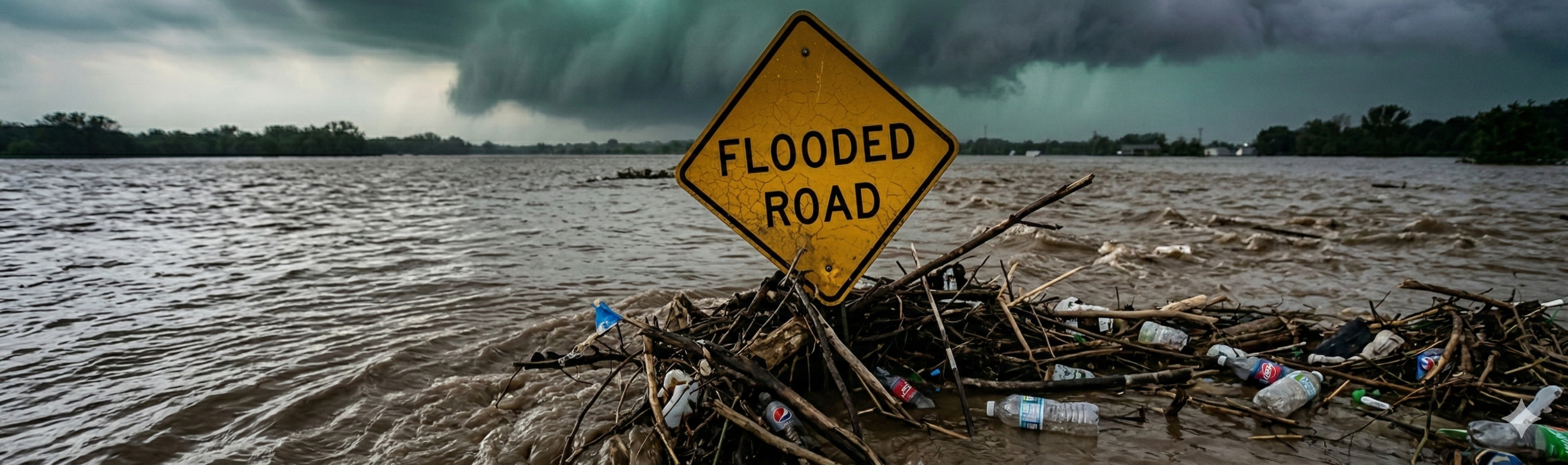Road submerged in floodwater